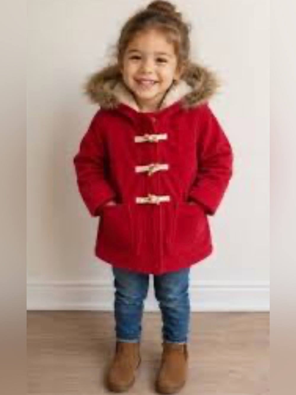 Mini Boden Red Hooded Pea Coat with removable Faux-Fur Trim,Size 3-4Y,MWOT